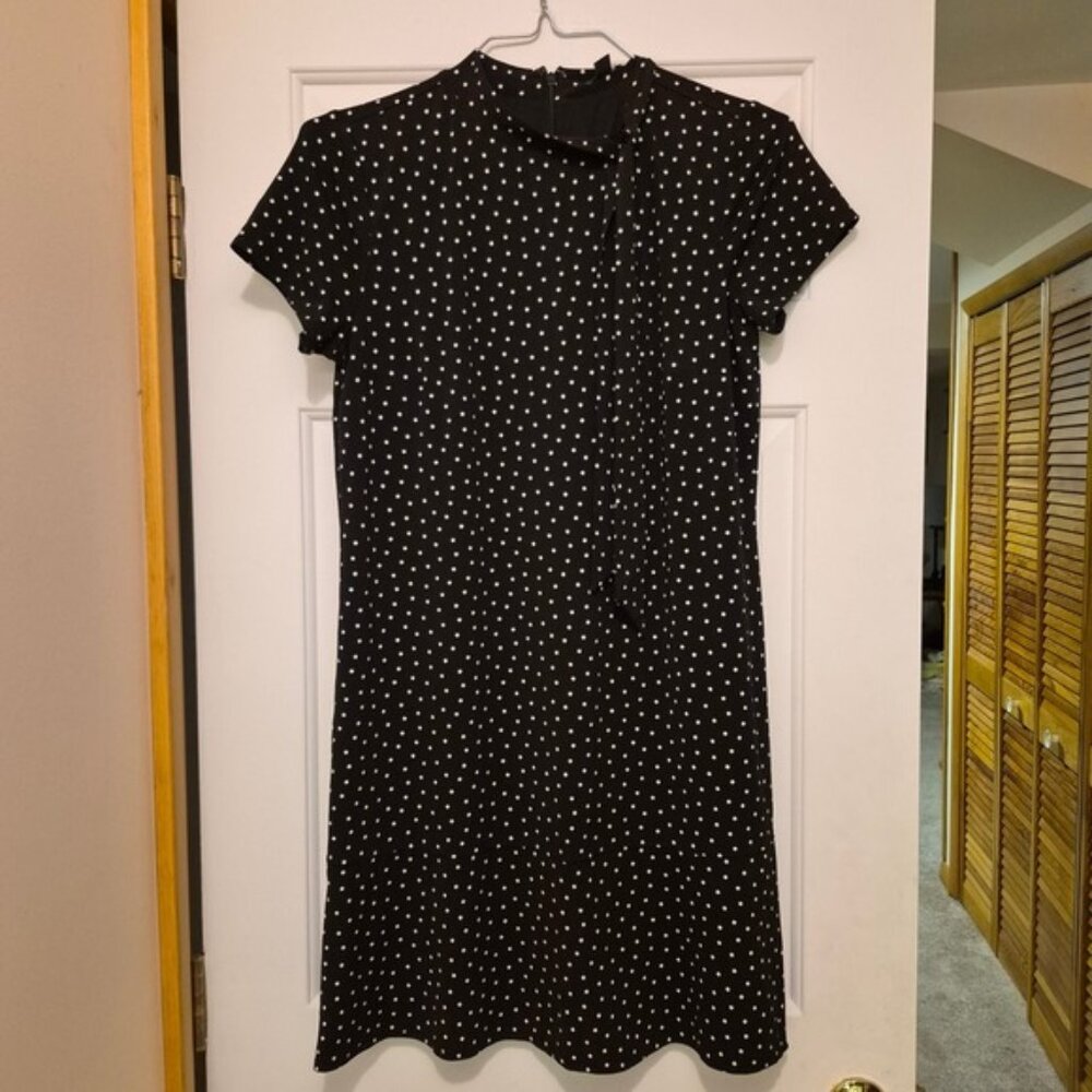 Ann Taylor Factory Polka Dot Dress Black White Mock Neck Short Sleeve Size 8